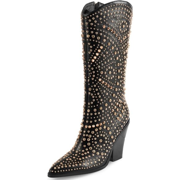 Iimmu Mid-Calf Boot Womens Black Faux Leather Pointed Toe Metallic Rivets
